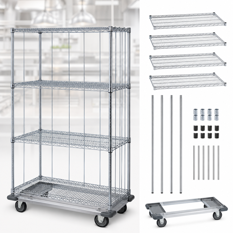 Product image #3 for Quantum Mobile Enclosure Cart with 4 Wire Shelves, 60"W x 24"D x 81"H, Chrome Plated Finish