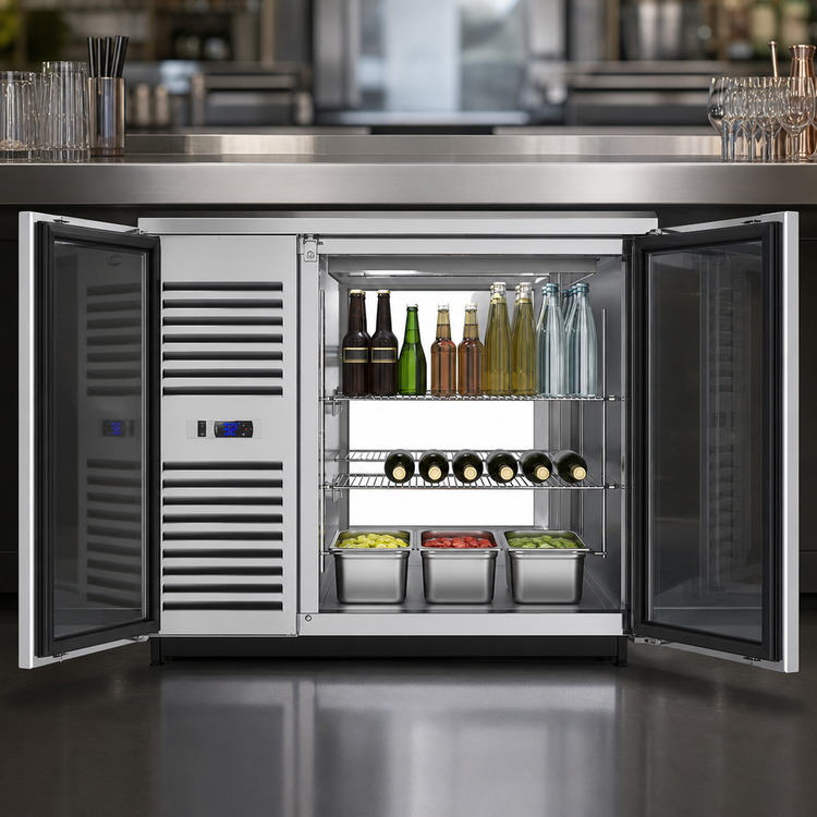 Product image #3 for Krowne Royal Series 36-Inch Pass-Thru Refrigerated Back Bar Cooler, Two-Section, Self-Contained, Left-Mounted Refrigeration