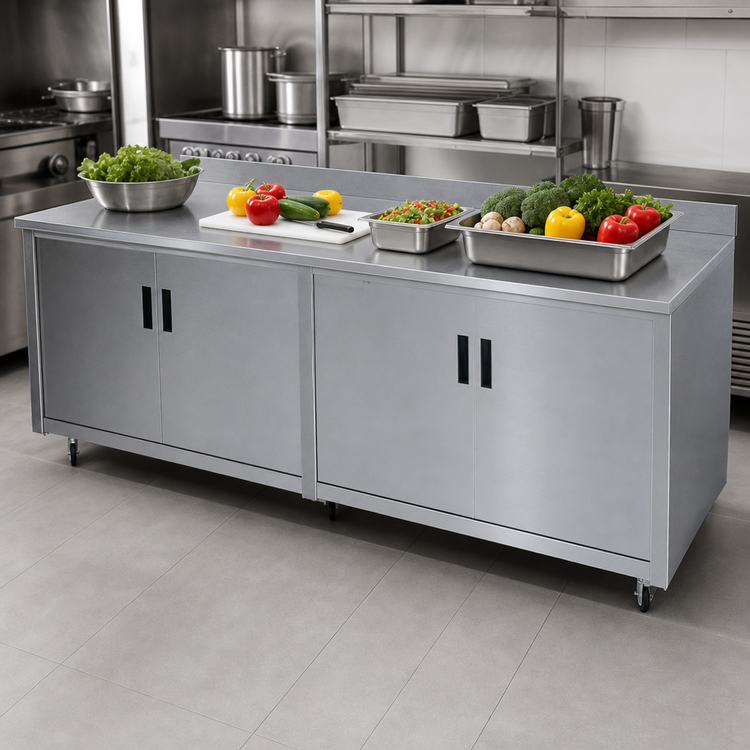 Product image #3 for Advance Tabco Special Value Series 108-Inch Enclosed Work Table with Cabinet Base, Mid-Shelf, Hinged Doors, 16 Gauge 304 Stainless Steel Top, and 5-Inch Backsplash