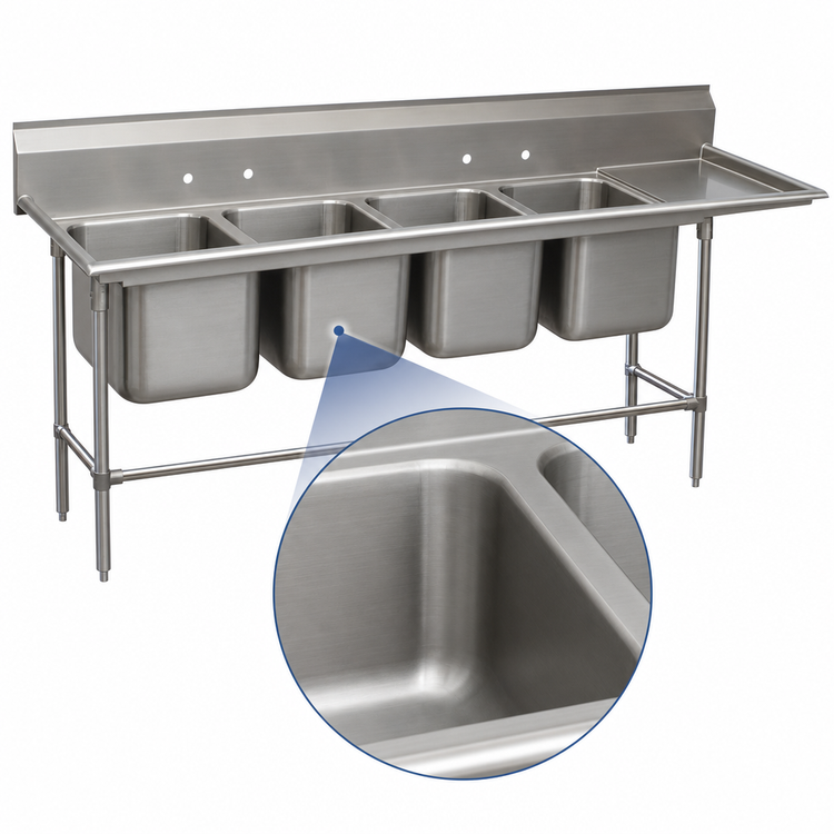 Product image #3 for Advance Tabco Regaline Four-Compartment Sink with Right-Hand 18-Inch Drainboard, 16 x 20 Bowls, 14-Gauge 304 Stainless Steel