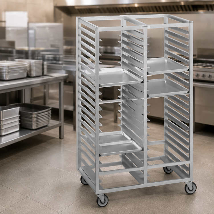 Product image #3 for Channel Manufacturing Double-Section Aluminum Cafeteria Tray Rack for 14 x 18 Trays, 64 Inches High, 6-Inch Spacing, with Casters