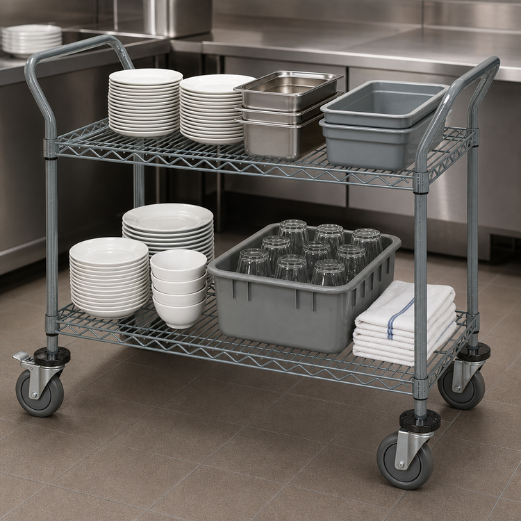 Product image #3 for Quantum Gray Epoxy Antimicrobial Utility Bus Cart with 2 Wire Shelves, 1200 lb. Capacity