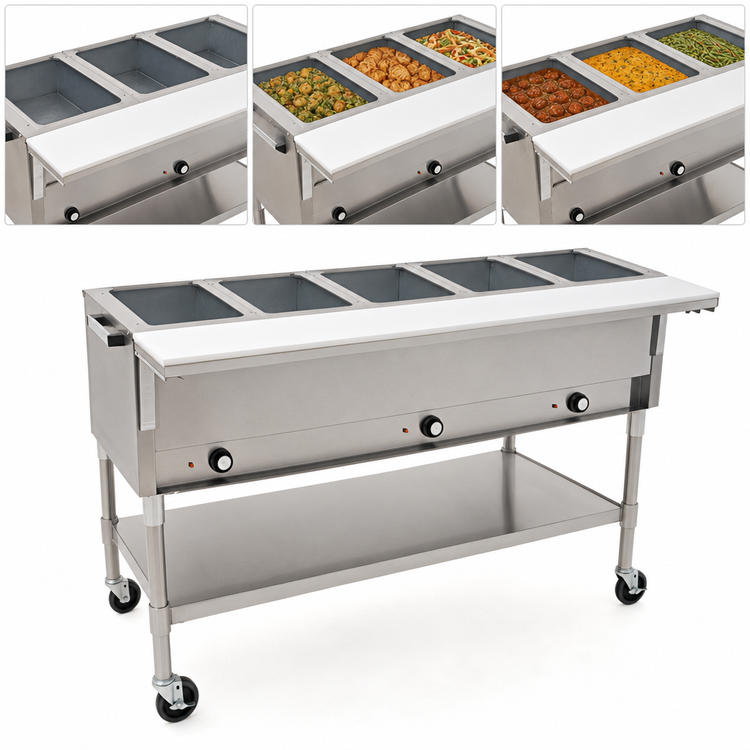 Product image #3 for Eagle Group 82-Inch Portable Electric Hot Food Table with 5 Dry Wells, Open Base, and 8-Inch Cutting Board