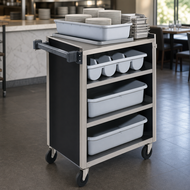 Product image #3 for Vollrath 97180 4-Shelf Stainless Steel Bussing Cart, 300 lb. Capacity, Black Vinyl Finish