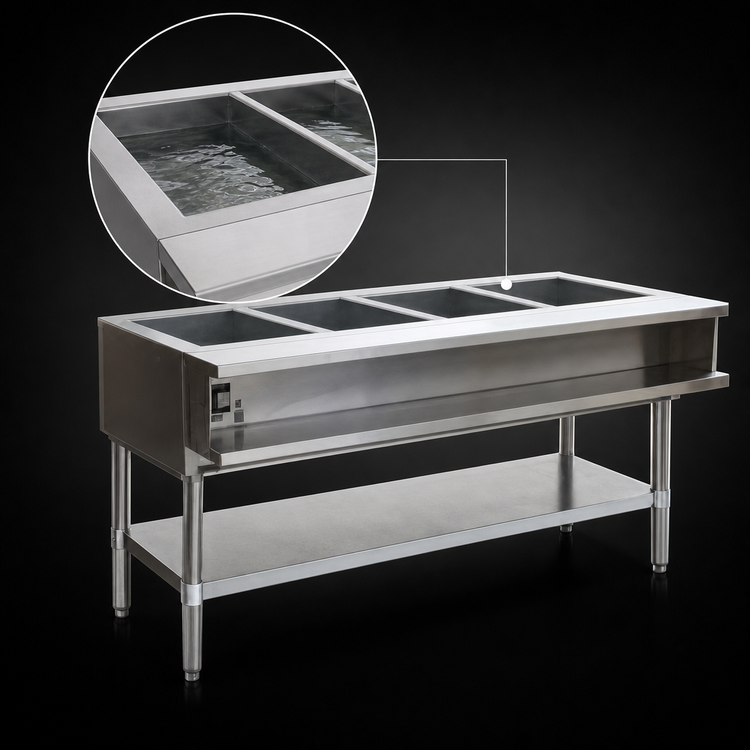 Product image #3 for Eagle Group 63-1/2-Inch Wide Natural Gas Water Bath Hot Food Table, 4-Pan Open Well, Open Base with Undershelf