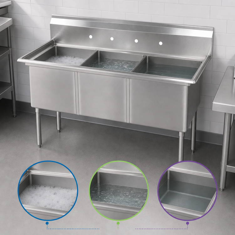 Product image #3 for BK Resources Three-Compartment No-Drainboard Stainless Steel Sink, 77-Inch Wide