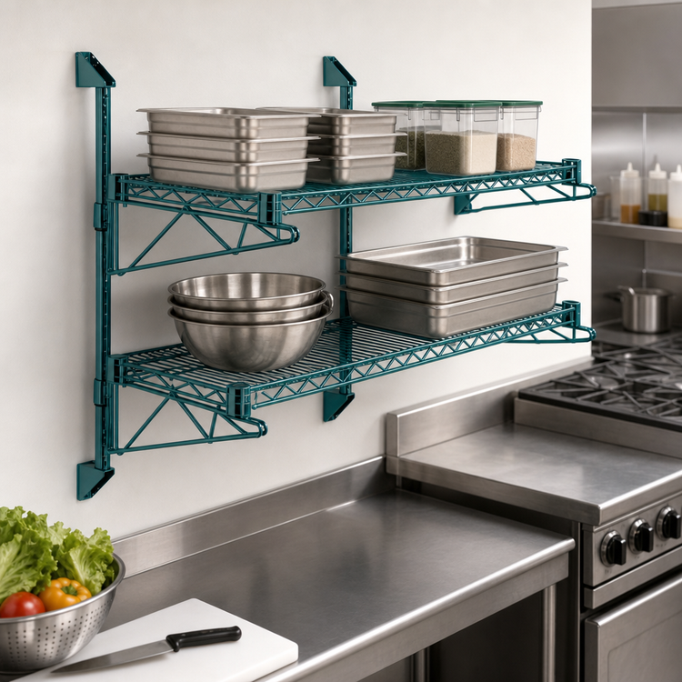 Product image #3 for Quantum Wall-Mount Cantilever Double Shelf Wire Shelving Unit, 72 x 14 Inches, Green Epoxy Antimicrobial Finish