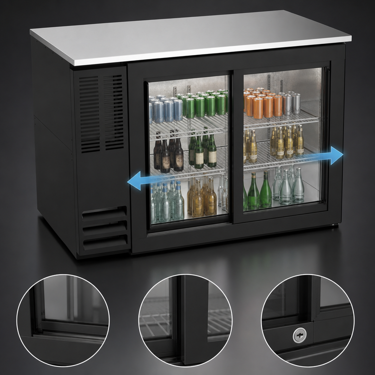 Product image #3 for Beverage-Air 48-Inch Two-Section Refrigerated Back Bar Storage Cabinet with Sliding Glass Doors, 15.1 Cu. Ft., Stainless Steel Top, Black Exterior
