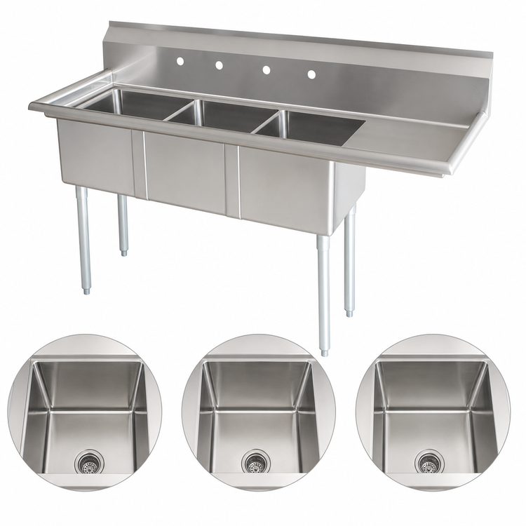 Product image #3 for Omcan USA 3-Compartment Pot Sink with Right-Hand Drainboard, 24 x 24 x 14-Inch Bowls