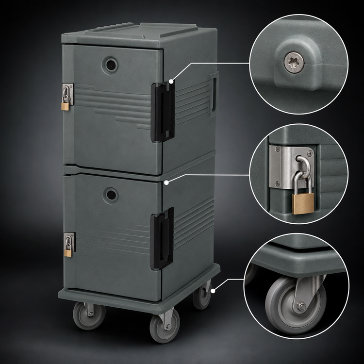 Product image #4 for Cambro Ultra Camcart Dual-Compartment Front-Loading Insulated Food Pan Carrier with Security Package, Granite Green