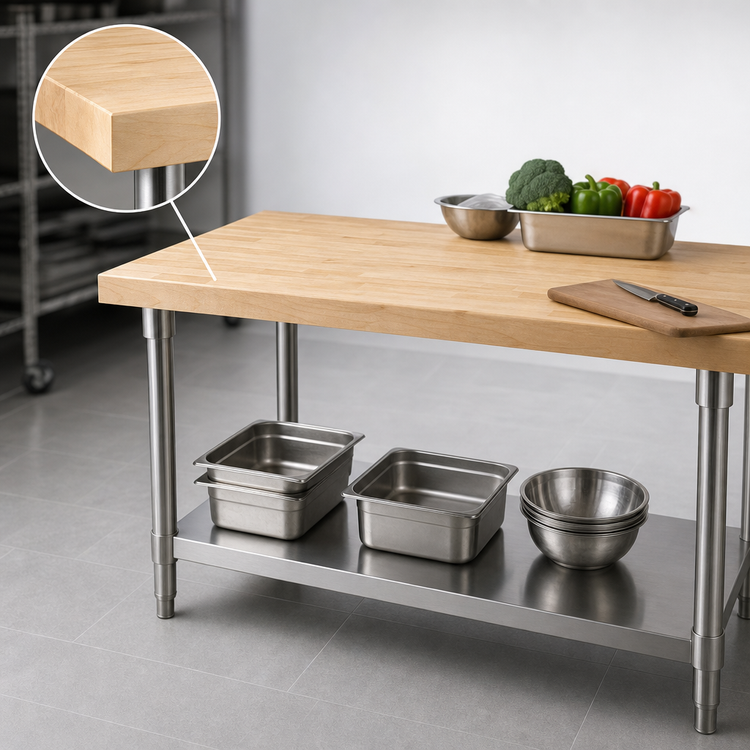 Product image #3 for BK Resources 96-Inch x 36-Inch Hard Maple Flat Top Work Table with Stainless Steel Legs and Undershelf