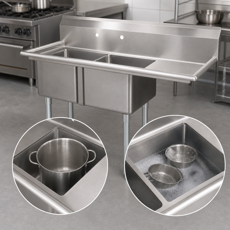 Product image #3 for 2-Compartment Pot Sink with Right-Hand Drainboard, 18 x 18 x 11-Inch Bowls, 304 Stainless Steel