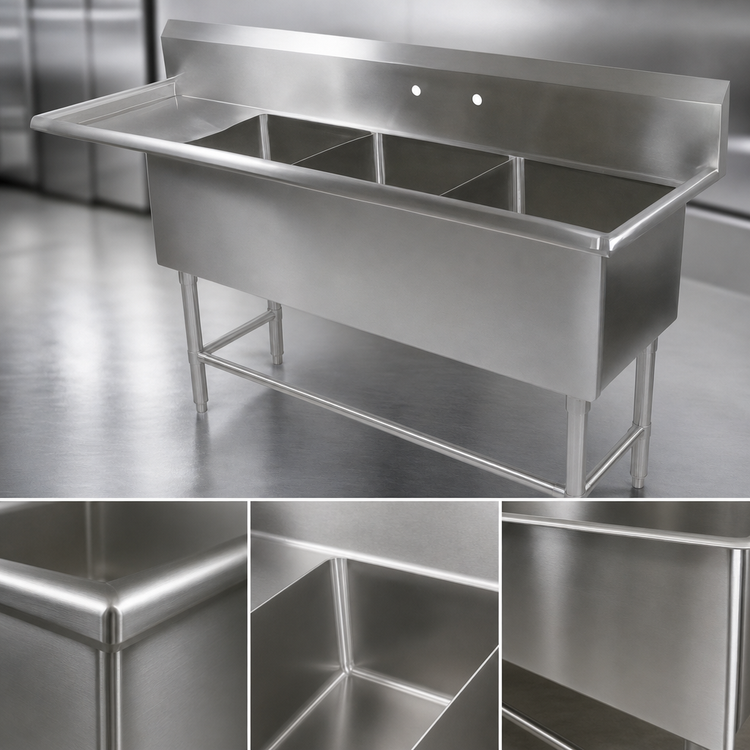 Product image #3 for John Boos Pro-Bowl 3-Compartment Sink with 18-Inch Left Drainboard, 20 x 20 x 14-Inch Bowls, 16-Gauge Stainless Steel