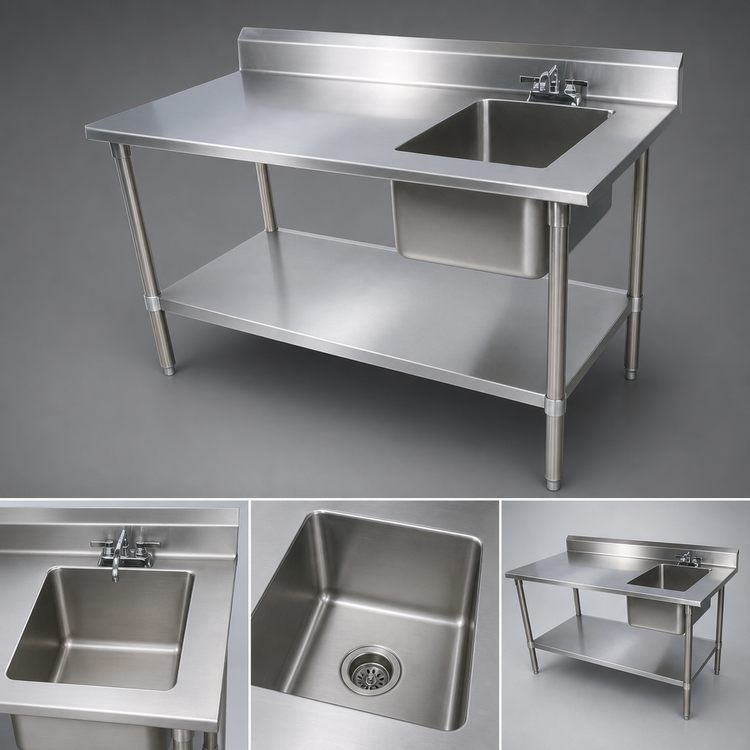 Product image #3 for 48-Inch 18-Gauge Stainless Steel Prep Table With Right Sink Bowl, Backsplash, and Undershelf