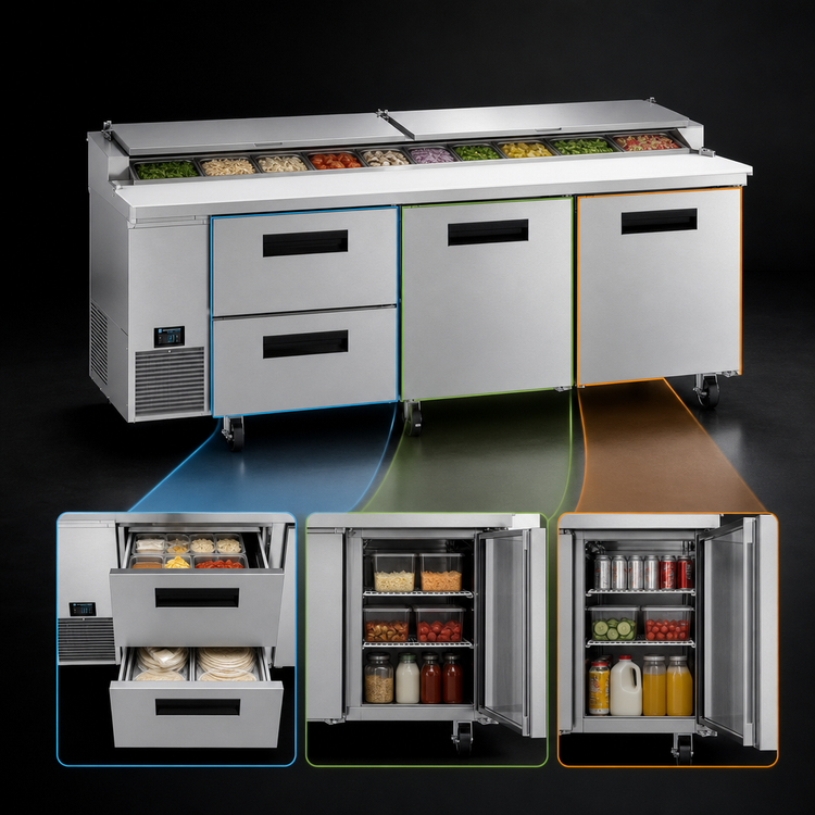 Product image #3 for Hoshizaki Steelheart PR93B-D2 93-Inch Three-Section Pizza Prep Table with 2 Doors and 2 Drawers
