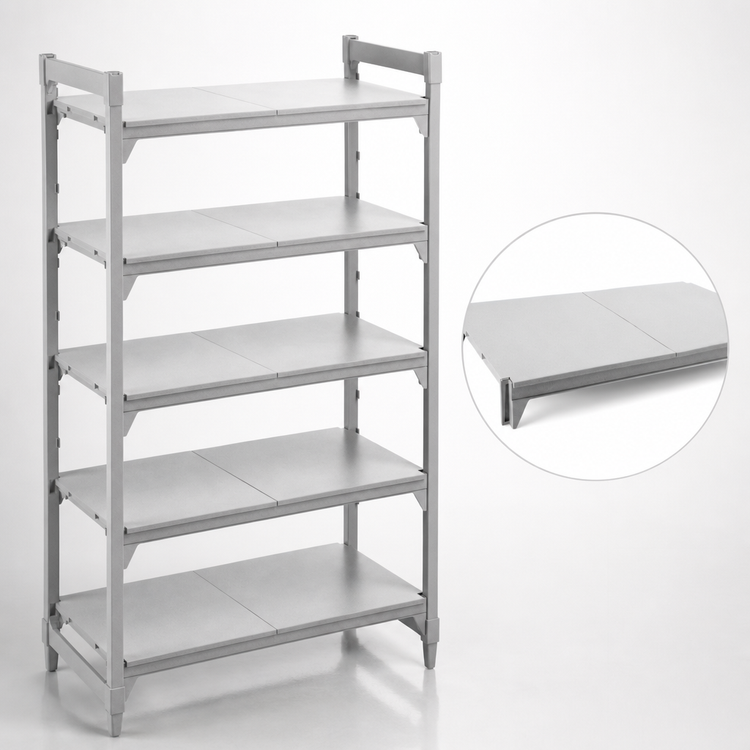 Product image #4 for Cambro Camshelving Premium 18" x 60" Solid Polymer Shelf Kit, 5 Shelves, Speckled Gray
