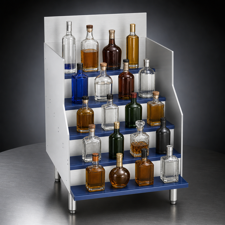 Product image #3 for Advance Tabco Prestige 12-Inch Wide 5-Step Freestanding Stainless Steel Liquor Bottle Display Cabinet