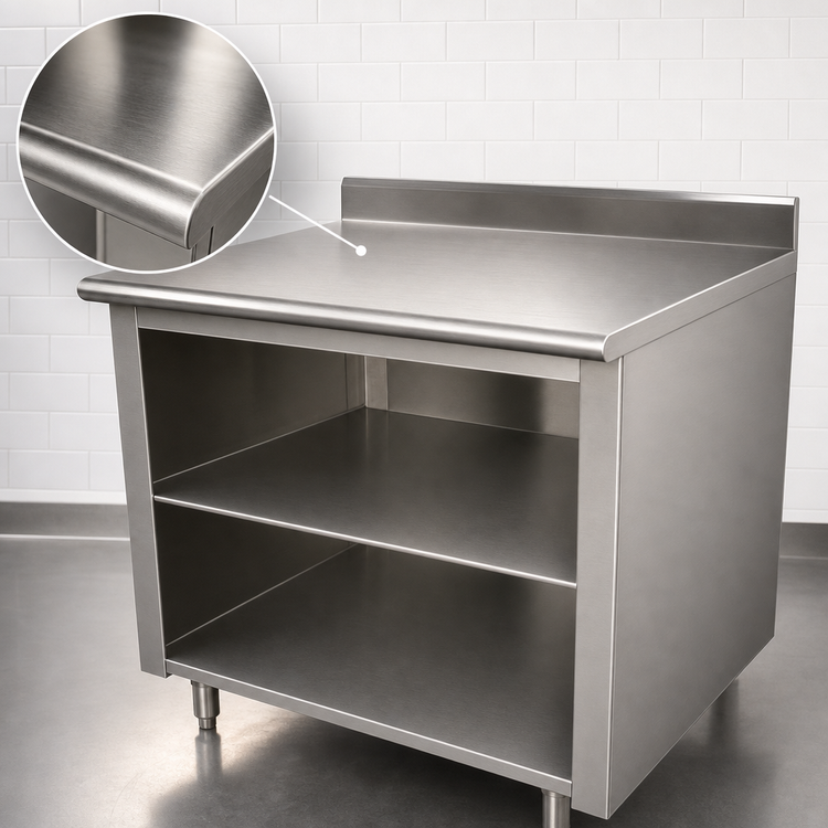 Product image #3 for Advance Tabco 84" x 36" Open Front Cabinet Base Work Table with Mid-Shelf, 14 Gauge 304 Stainless Steel Top, 5" Backsplash