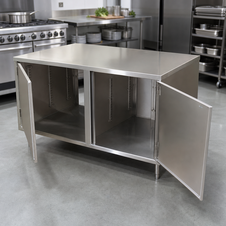 Product image #3 for BK Resources Dual-Access Chef Table Cabinet Base with Locking Hinged Doors, 60 x 30 x 34-3/4 Inches