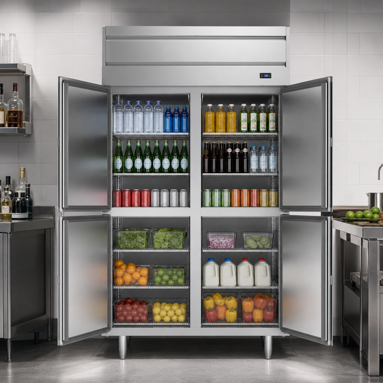 Product image #3 for Beverage-Air P-Series Two-Section Reach-In Refrigerator with 4 Lockable Half Solid Doors, 6 Shelves, Top-Mounted Self-Contained Refrigeration, 44.57 Cu. Ft.