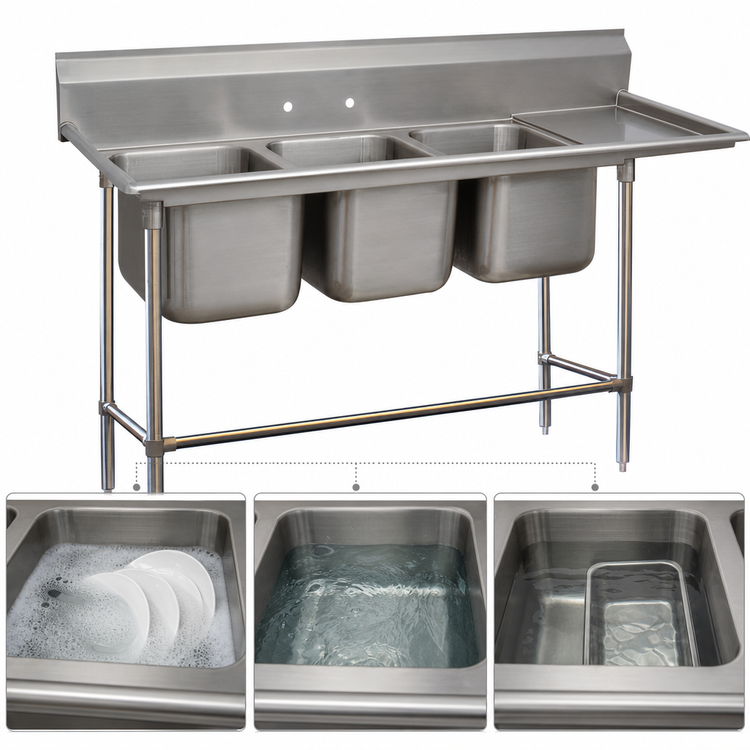 Product image #3 for Advance Tabco Regaline 3-Compartment Commercial Sink with Right-Hand Drainboard, 20 x 20 x 14 Inch Bowls