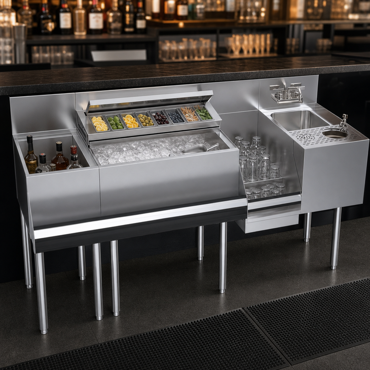 Product image #4 for Krowne Zero-Step Underbar Beverage Workstation, 68-Inch Wide x 24-Inch Deep, with 30-Inch Ice Bin, Dump Sink, Glass Rinser, and Speedrail