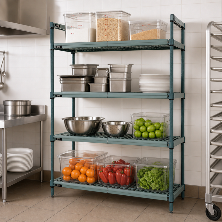 Product image #3 for Quantum 4-Tier Stationary Wire Shelving Unit with Plastic Mats, 60 x 14 x 74 Inches, Green Epoxy Coated