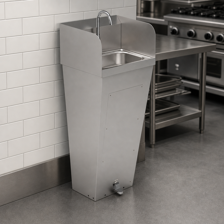 Product image #3 for Floor-Mount Stainless Steel Hand Sink with 14" x 10" x 5" Bowl, Backsplash, Side Splashes, Faucet and Foot Valve