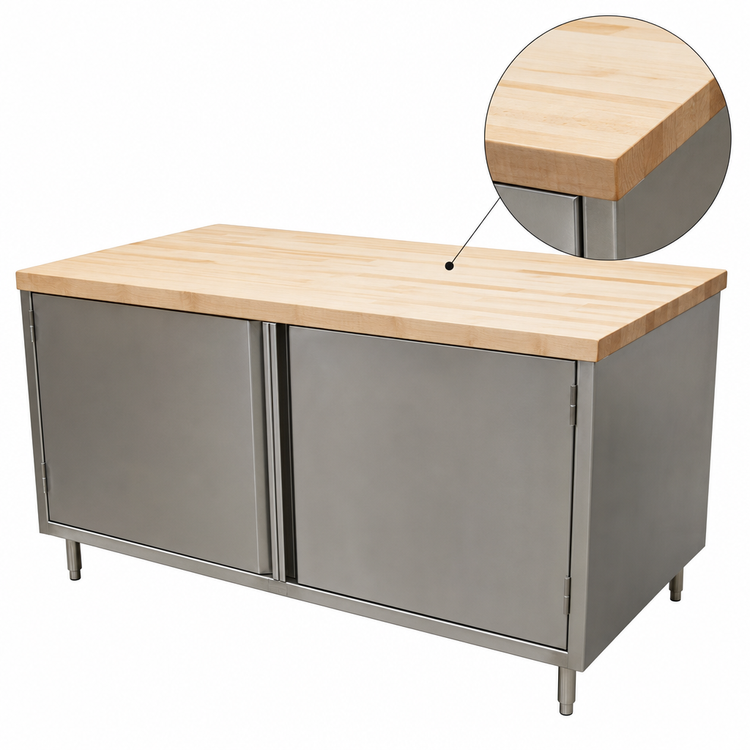 Product image #3 for BK Resources Hard Maple Top Chef Table with Stainless Steel Cabinet Base and Hinged Doors, 60 x 36 Inch
