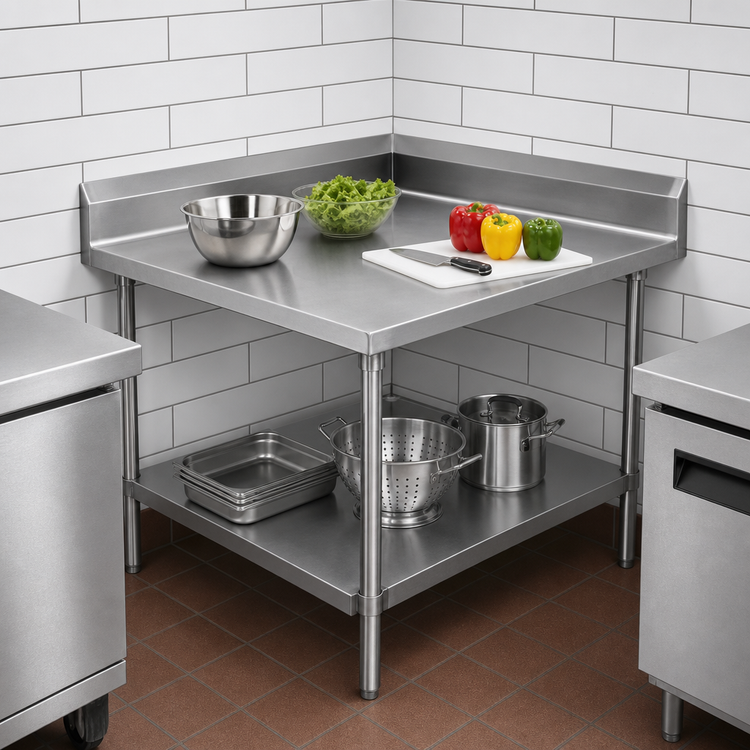 Product image #3 for John Boos Stallion 30" x 30" 14-Gauge 300 Series Stainless Steel Corner Work Table with 5" Backsplash and Undershelf