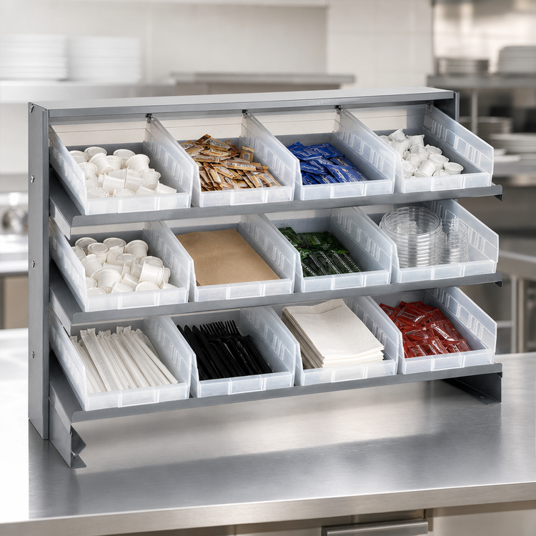 Product image #3 for Quantum Sloped Bench-Style Pick Rack with 3 Shelves and 12 Clear Bins