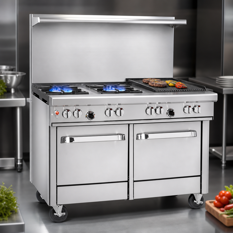 Product image #3 for Southbend Ultimate 48-Inch Commercial Gas Restaurant Range with 2 Open Burners, 36-Inch Charbroiler, and 2 Space Saver Ovens