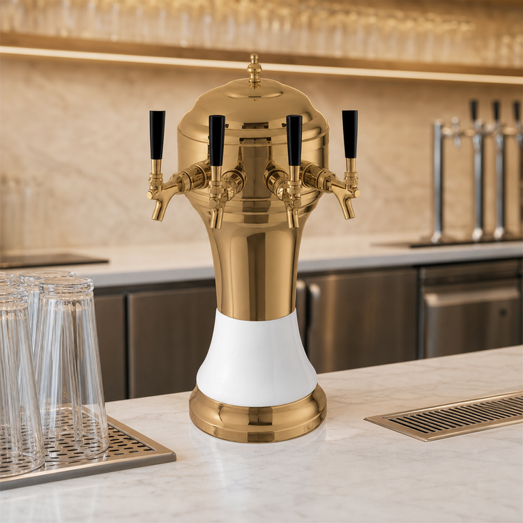Product image #3 for Perlick Roma Countertop Glycol-Cooled 3-Faucet Draft Beer Tower, Gold-Tone Brass Body with White Ceramic Skirt
