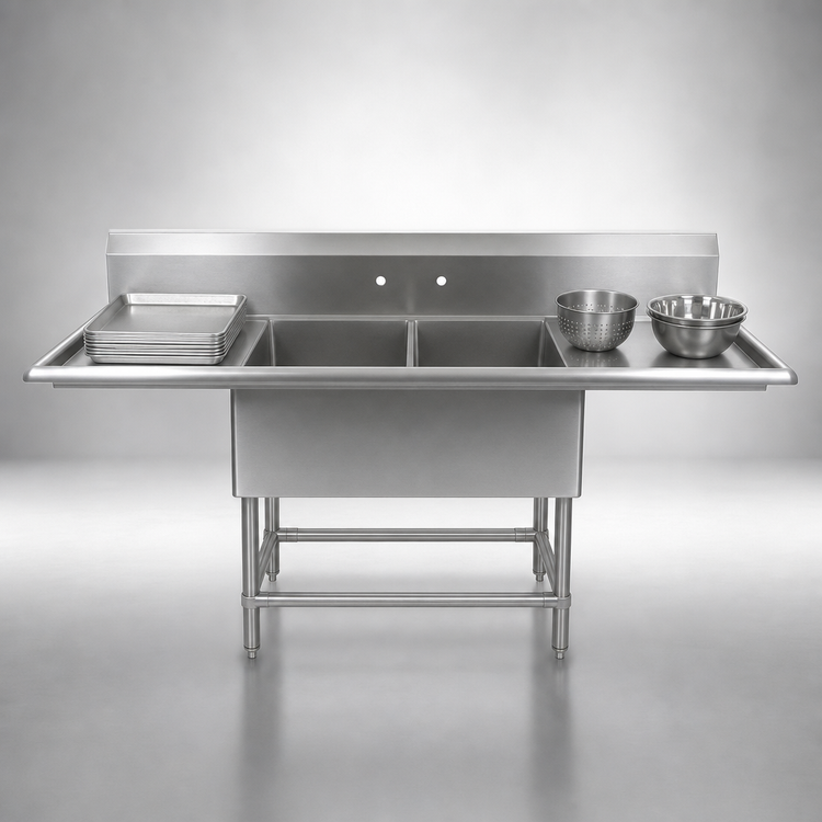 Product image #3 for John Boos Pro-Bowl 2-Compartment 14-Gauge Stainless Steel Sink with Left and Right Drainboards, 87-1/4 Inch