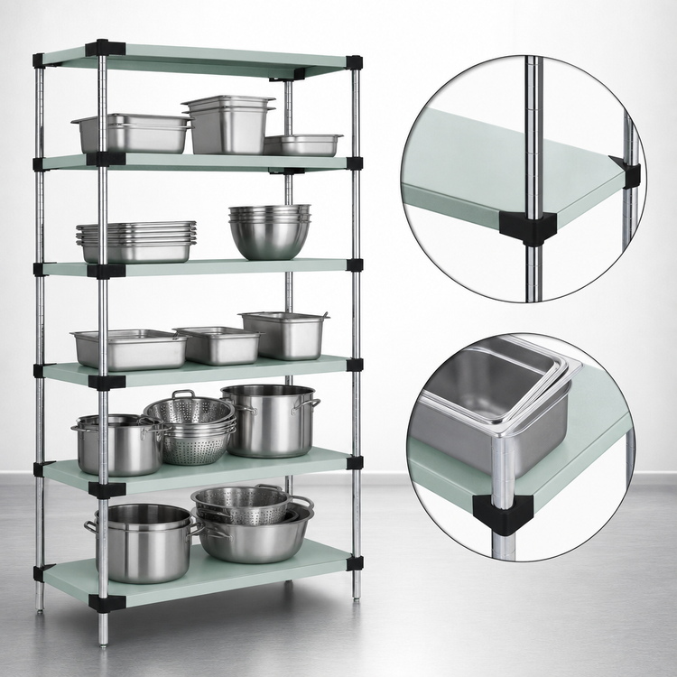Product image #3 for Quantum Stationary Solid Shelving Starter Kit, 24W x 21D x 74H, 5 Solid Shelves, 304 Stainless Steel