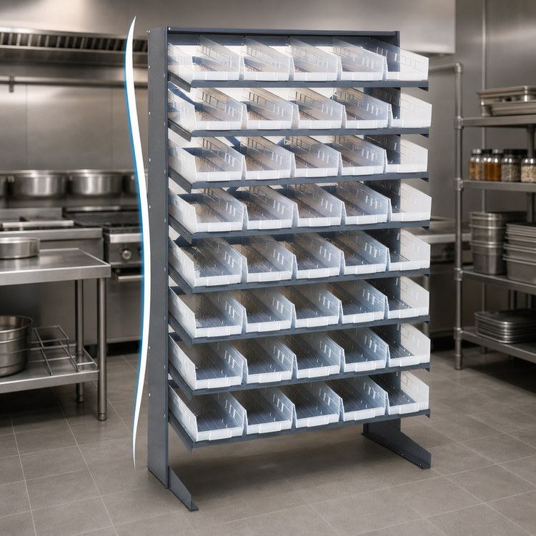 Product image #3 for Quantum Sloped Single-Sided Steel Pick Rack with 8 Shelves and 40 Clear Bins, 36 x 18 x 60 Inches