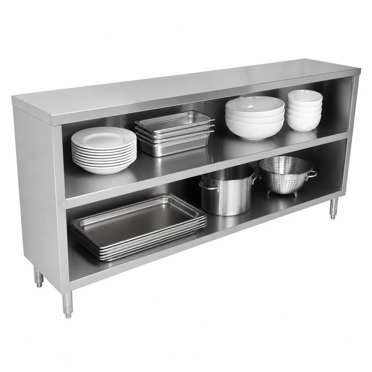 Product image #3 for John Boos 72-Inch Open Front Stainless Steel Dish Cabinet with Mid-Shelf and Adjustable Bullet Feet