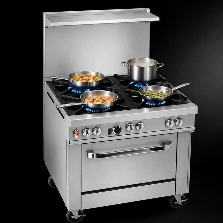 Product image #3 for Southbend Ultimate 24-Inch Gas Restaurant Range with 4 Open Burners, Cabinet Base, and Backriser with Hi-Shelf