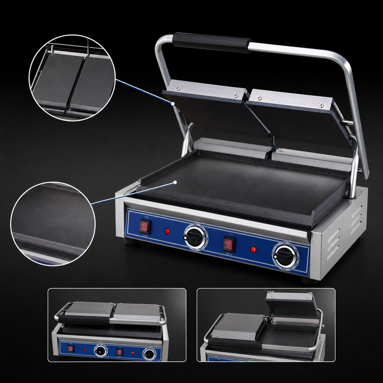 Product image #3 for Globe Double Countertop Electric Bistro Panini Grill with 20-Inch Smooth Cast Iron Plates