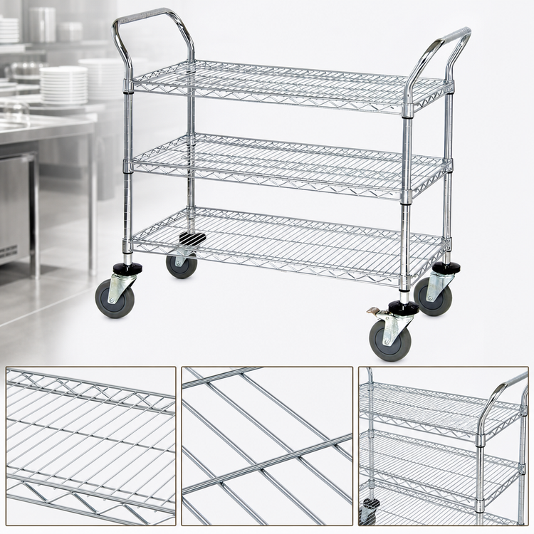Product image #3 for Quantum Chrome-Plated 3-Shelf Utility Bus Cart, 42 x 24 x 37-1/2 Inches