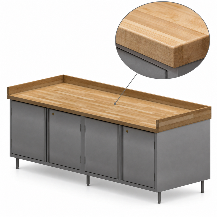 Product image #3 for BK Resources 96-Inch Hard Maple Chef Table with Cabinet Base and Locking Hinged Doors