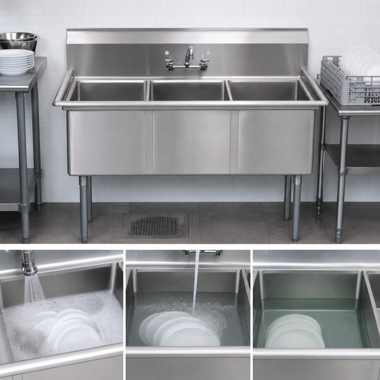 Product image #3 for BK Resources 53 Inch Three Compartment Stainless Steel Sink with 9 Inch Backsplash, No Drainboards, Galvanized Legs