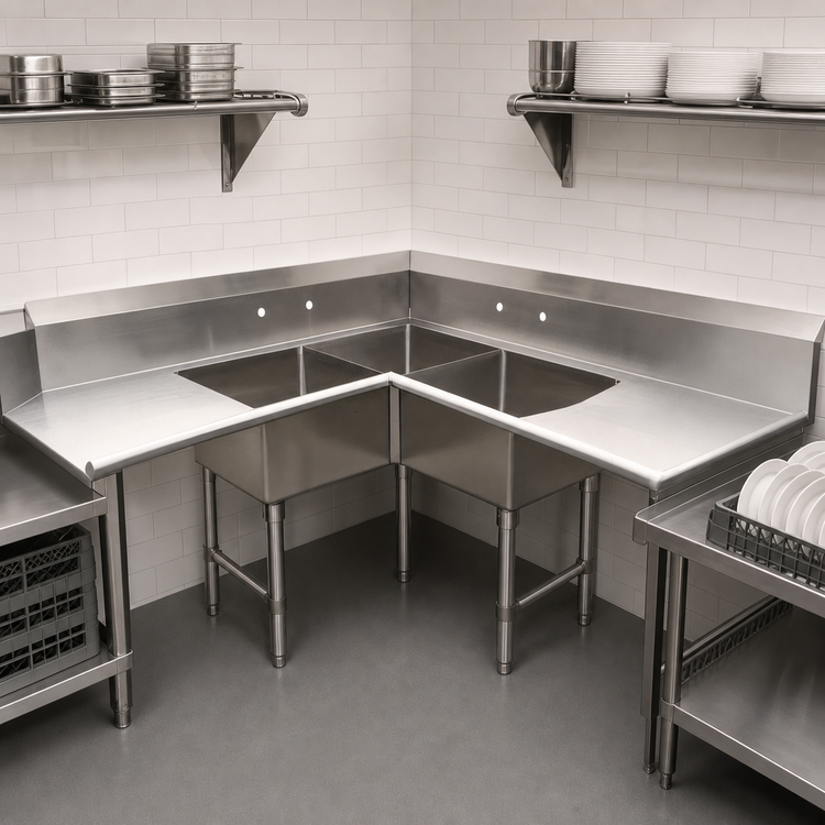 Product image #3 for BK Resources Corner Three-Compartment Soiled Dishtable with 10" Backsplash, Left-to-Right, Stainless Steel
