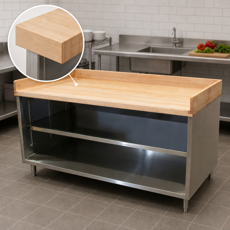 Product image #3 for BK Resources 72-Inch Chef Table with 1-3/4-Inch Hard Maple Bakers Top and Open Front Stainless Steel Base