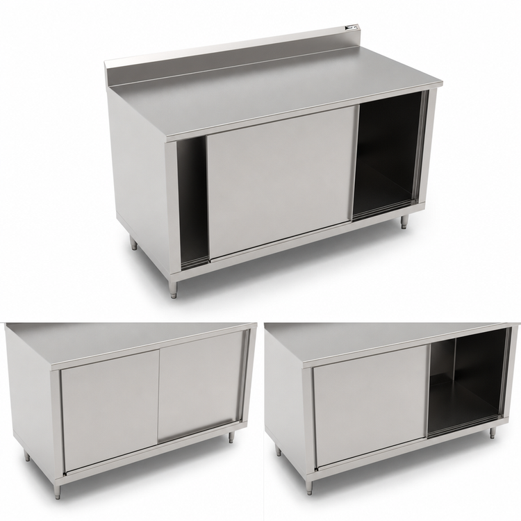 Product image #3 for John Boos Cabinet Base Stainless Steel Work Table with Sliding Doors, 60" W x 36" D, 5" Backsplash