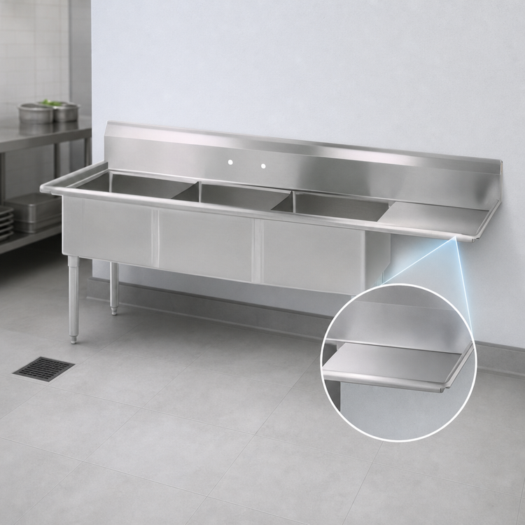 Product image #3 for BK Resources Three-Compartment Stainless Steel Sink with Right Drainboard, 74-1/2-Inch Wide, 18 x 18 x 12 Bowls