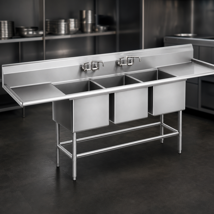 Product image #3 for Spec-Master FN Series Three-Compartment Commercial Sink, 81-Inch W x 31-Inch D, 14 Gauge Stainless Steel, 24 x 24 x 14 Inch Bowls