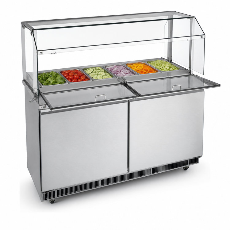 Product image #3 for KoolMore 60-Inch 2-Door Commercial Refrigerated Prep Table with Sneeze Guard and Buffet Slide