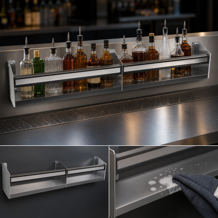 Product image #3 for Glastender 64-Inch Single Stainless Steel Speed Rail with Open Step-and-Rail Design