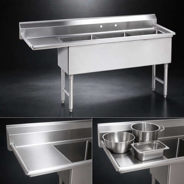 Product image #3 for Advance Tabco 3-Compartment Fabricated Sink with 24-Inch Left Drainboard, 15 x 24 x 14-Inch Bowls, 14 Gauge 304 Stainless Steel